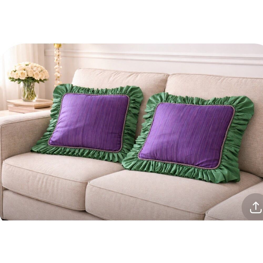 2 Handmade Silk Beaded Pillow Covers Shams Luxury Rectangular Green Purple